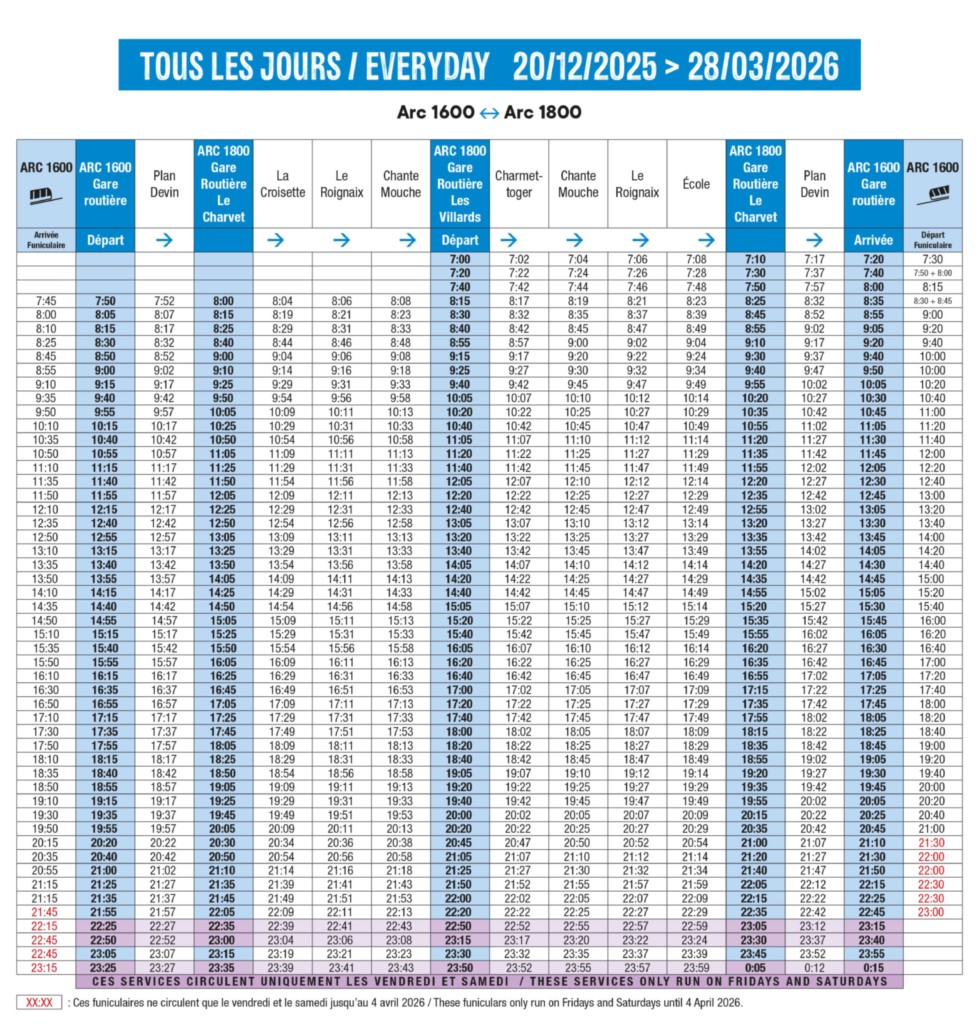 Horaires 2026 des navettes entre Les Arcs 1600 et les Arcs 1800 - location les Arcs 1800