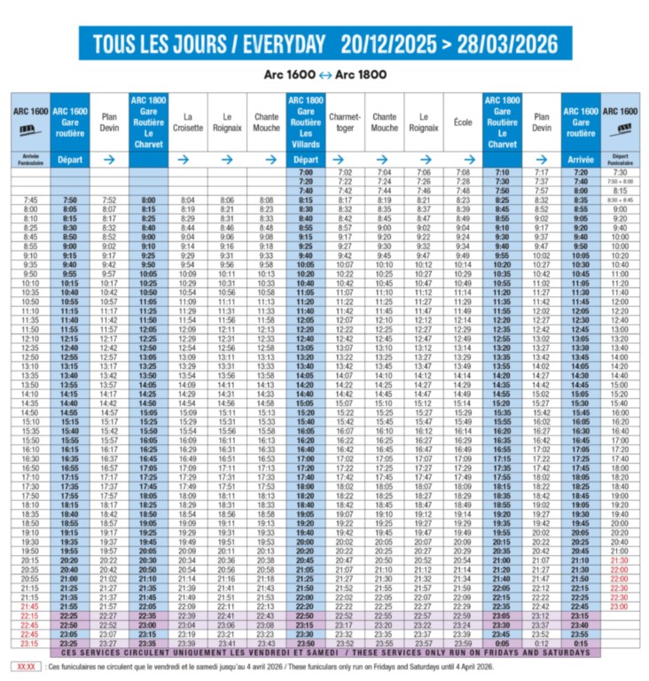 Horaires 2026 des navettes entre Les Arcs 1600 et les Arcs 1800 - location les Arcs 1800