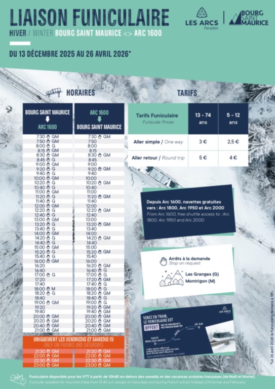 Horaires 2026 du funiculaire Les Arcs Bourg Saint Maurice - location les Arcs 1800