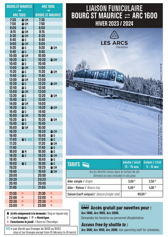 Horaires funiculaire les Arcs Bourg St Maurice