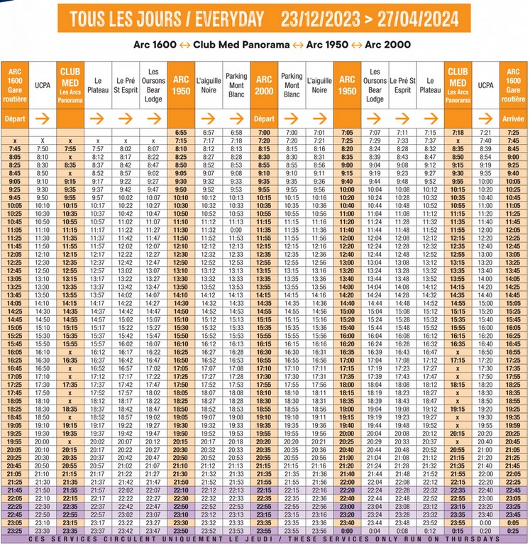 Horaires navettes les Arcs 1800 les Arcs 1600 les Arcs 1950